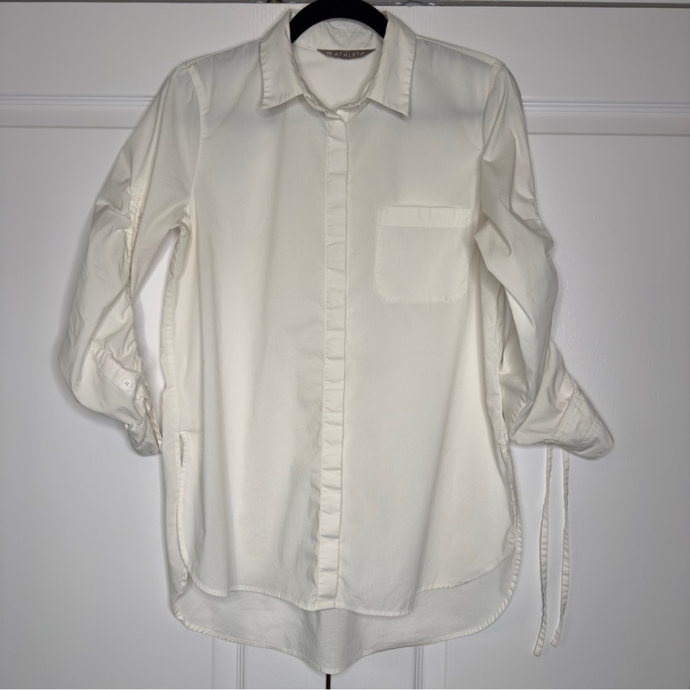 Athleta White Button Down Tunic Shirt XS | Roll Tab Sleeves Stretch Cotton Blend